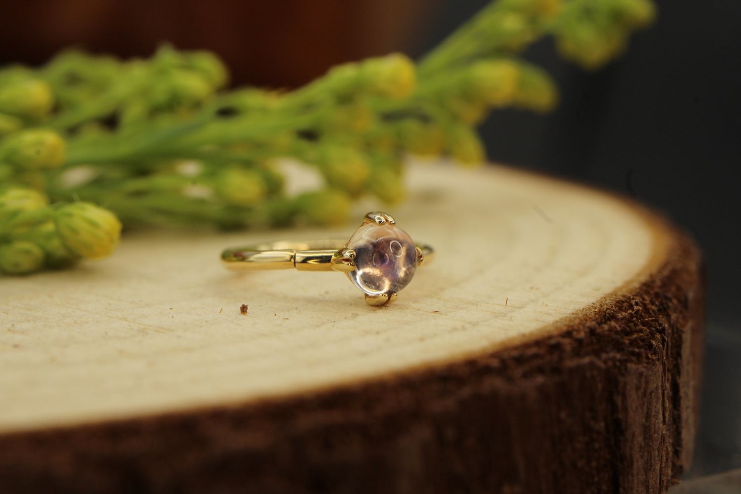 Yellow Gold Cab Prong Seam Ring, Size: 18ga 5/16&#39;&#39;, Orientation: Navel/Rook, Stone: 3mm Rainbow Moonstone
