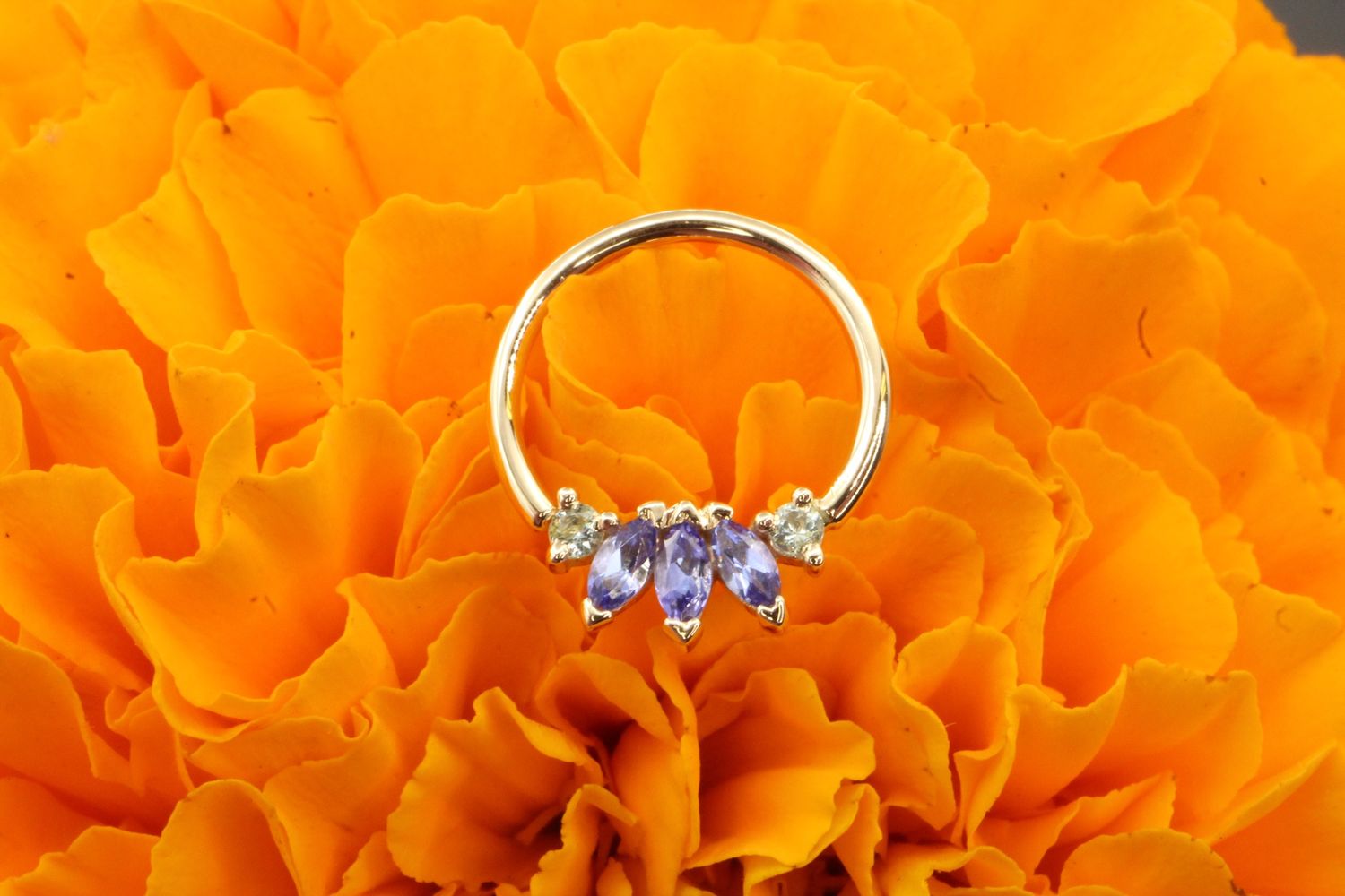 Yellow Gold Fixed Thalia Seam Ring, Size: 18ga 11/32&#39;&#39;, Stone: AA Tanzanite &amp; Mint Beryl