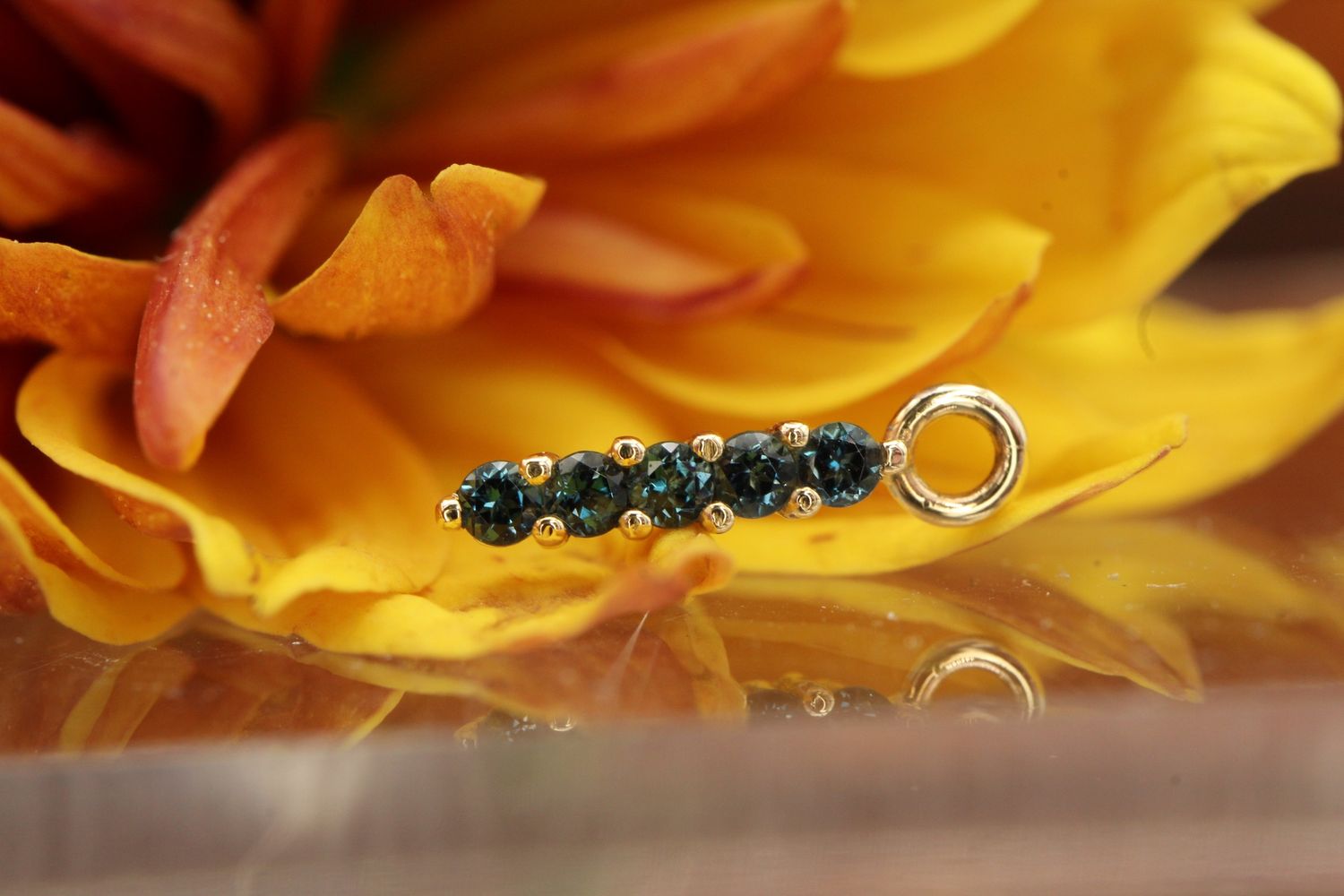 Yellow Gold Linear 5 Prong Cluster Charm, Stone: AA London Blue Topaz