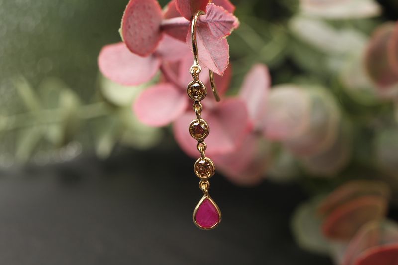 Yellow Gold Ruby &amp; Natural Diamond Hook Earrings