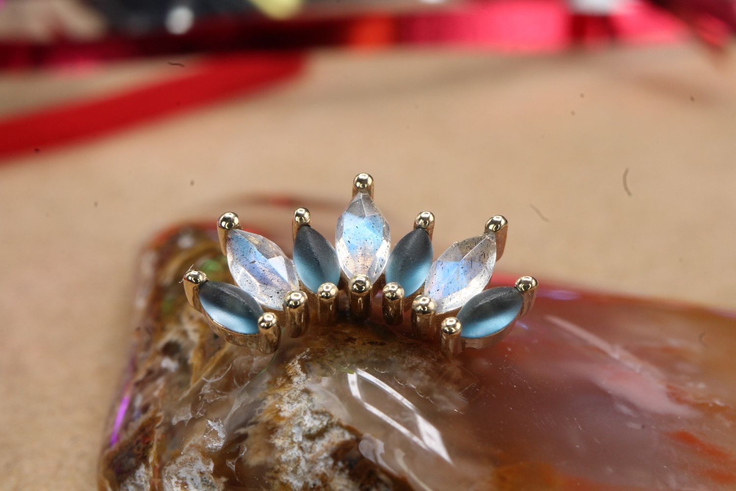 Threaded Yellow Gold Athena End, Gauge: 14/12ga, Stone: Rose Cut Labradorite &amp; Sandblasted London Blue Topaz Cabs