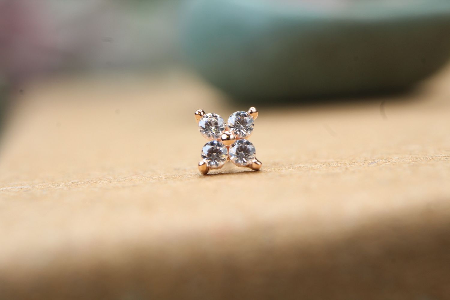 Threadless Rose Gold Quad-Prong Cluster Top, Size: 4x1.25mm, Stone: White CZ