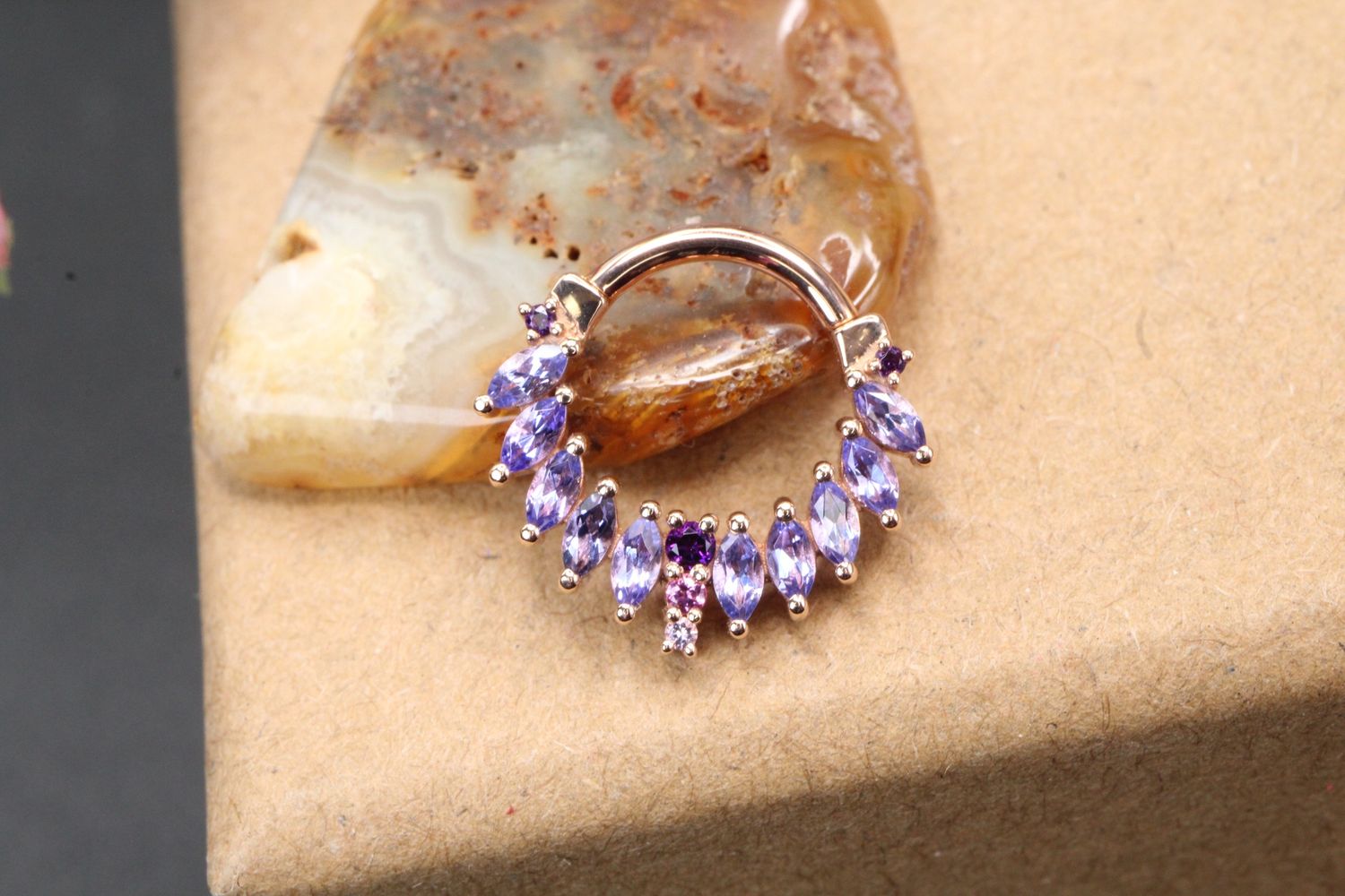 Rose Gold Skylar Hinge Ring, Size: 16ga 5/16&#39;&#39;, Stone: Amethyst, Tanzanite, Rhodolite