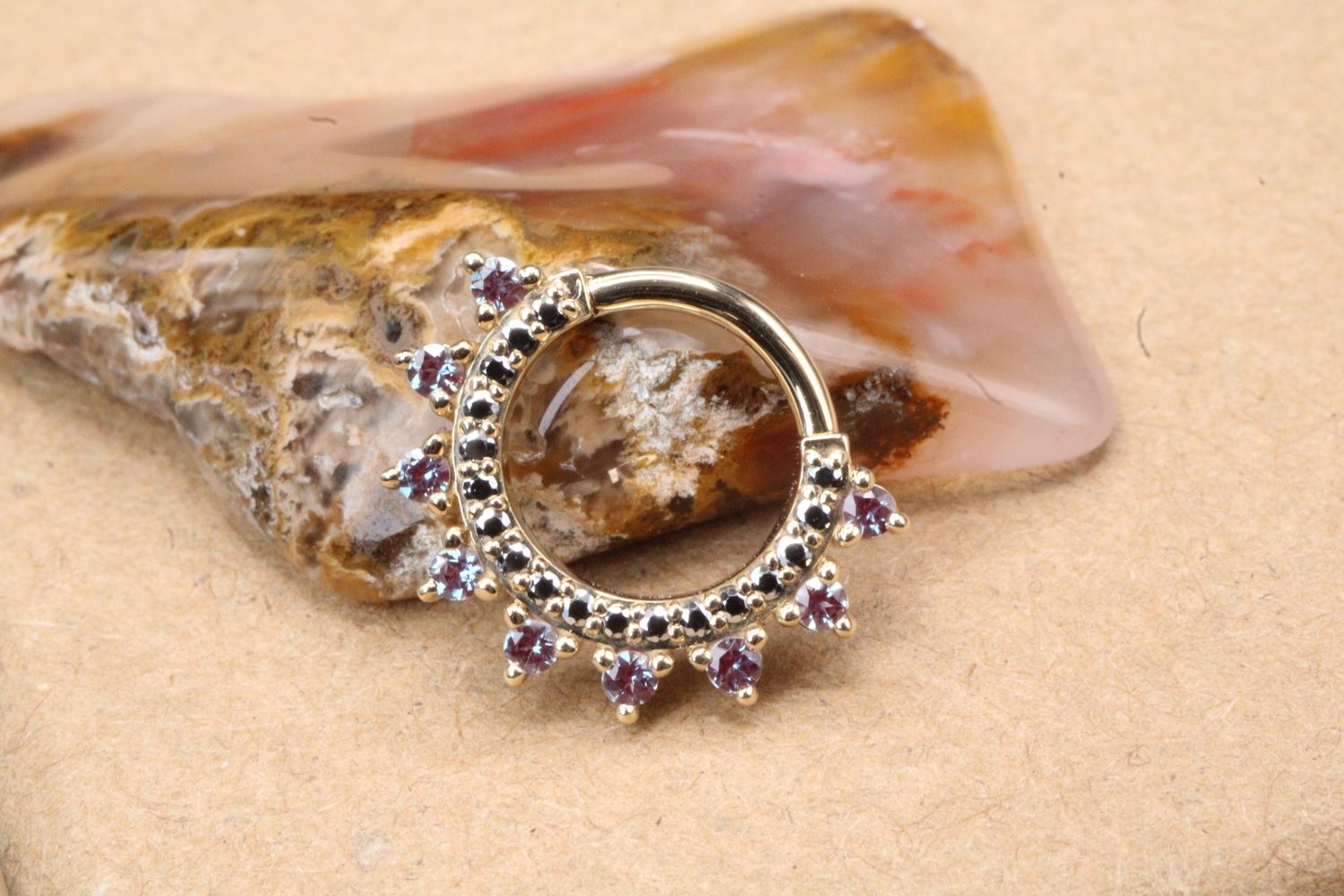 Yellow Gold Gem Kolo Hinge Ring, Size: 16ga 5/16'', Stone: Chatham Alexandrite &amp; Chrome CZ