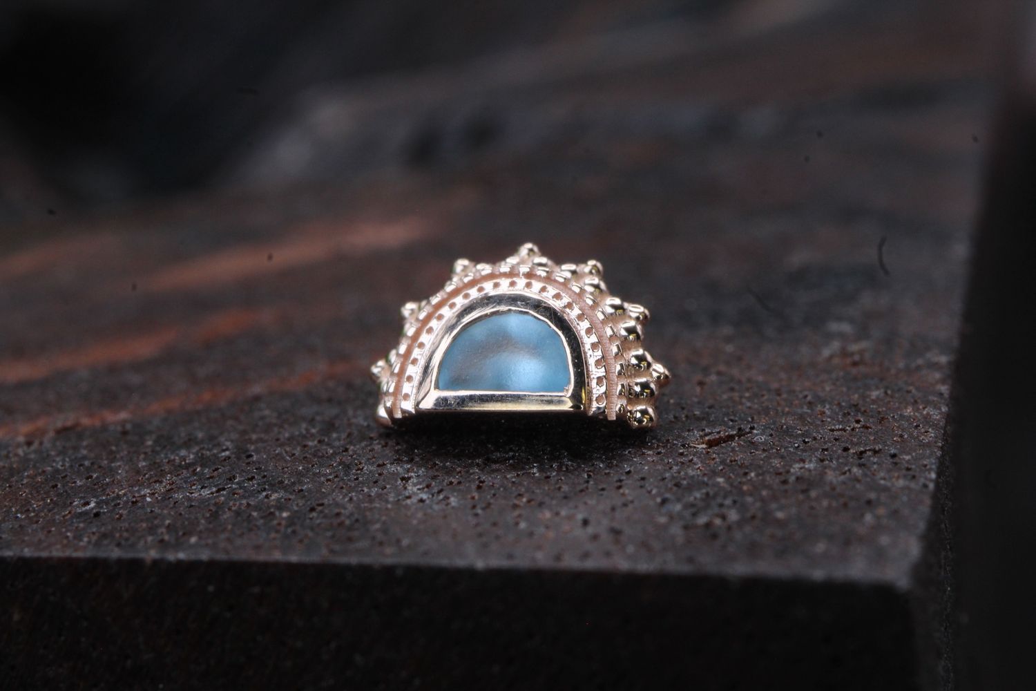 Threaded Rose Gold Afghan Moon Top, Gauge: 18/16ga, Stone: Sandblasted Swiss Blue Topaz
