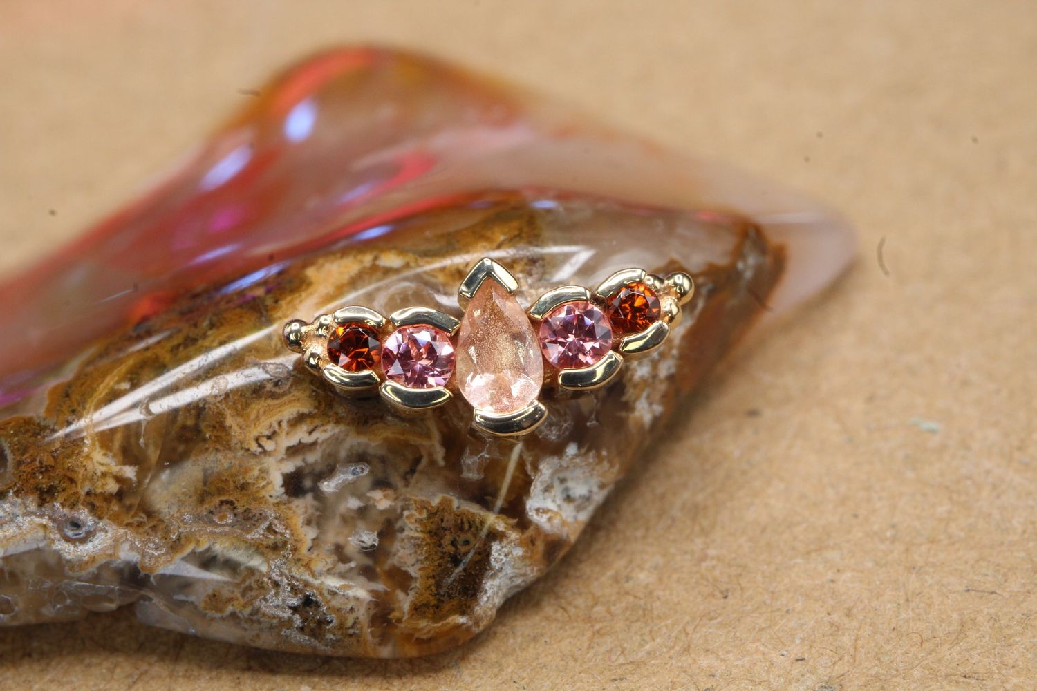 Threaded Yellow Gold Nikki Panaraya, Gauge: 18/16ga, Stone: Oregon Sunstone, Chatham Padparadascha Sapphire &amp; Garnet