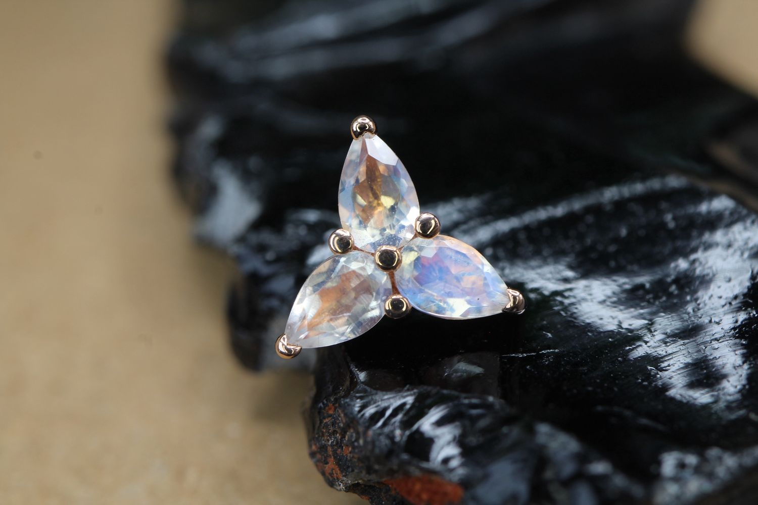 Threaded Rose Gold Tri-Pear Prong Cluster Top, Gauge: 14/12ga, Stone: Rainbow Moonstone