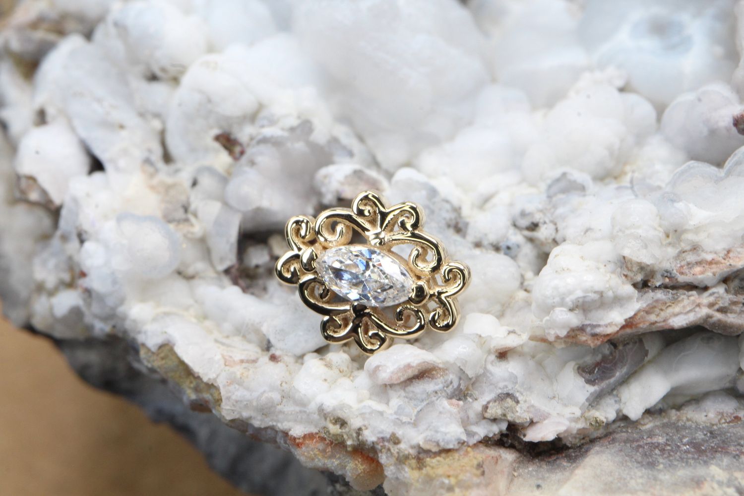 Threaded Yellow Gold Lamia Marquise Top, Gauge: 18/16ga, Stone: White CZ
