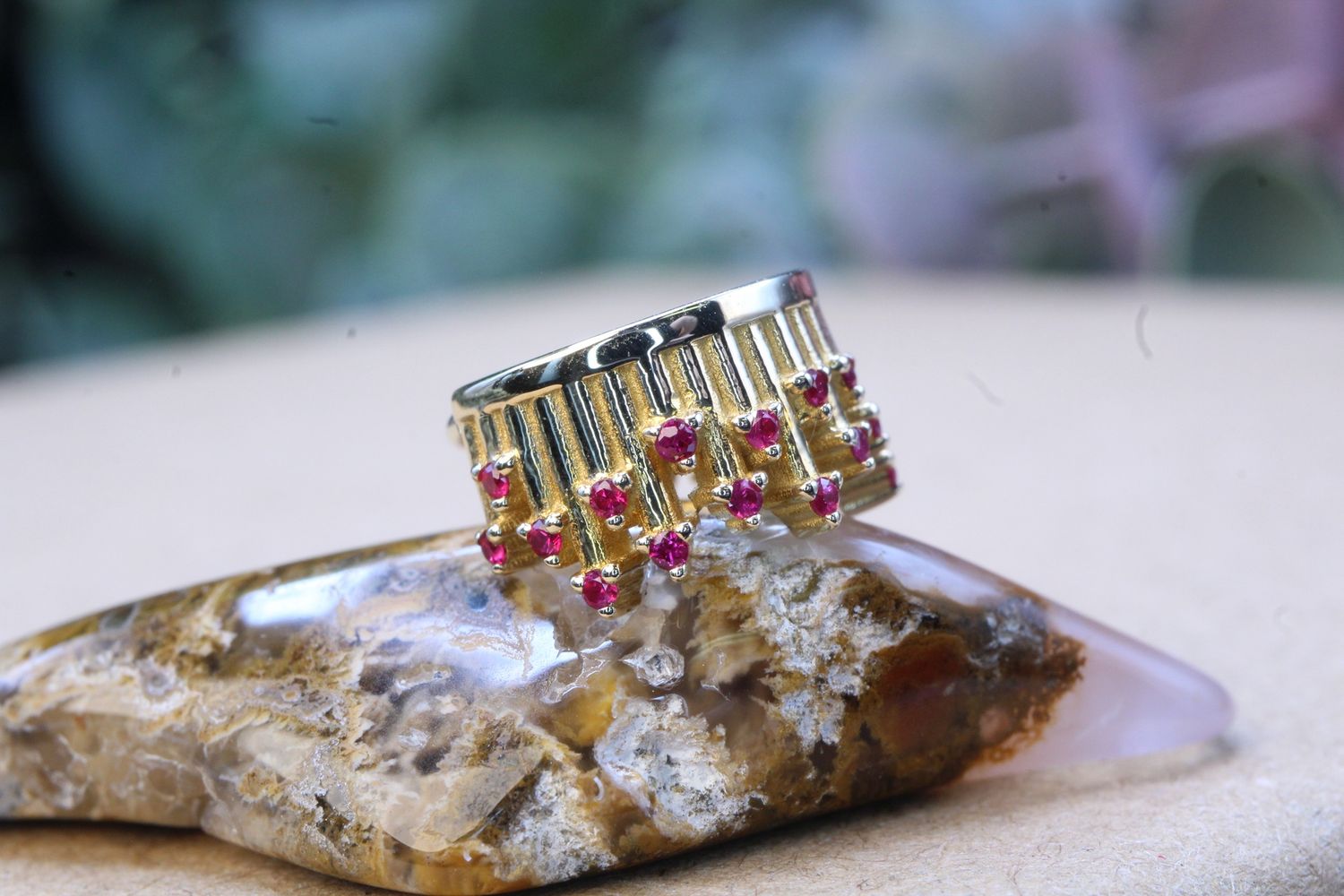 Yellow Gold Take A Bow Hinge Ring, Size: 16ga 5/16&#39;&#39;, Stone: Ruby AA DC