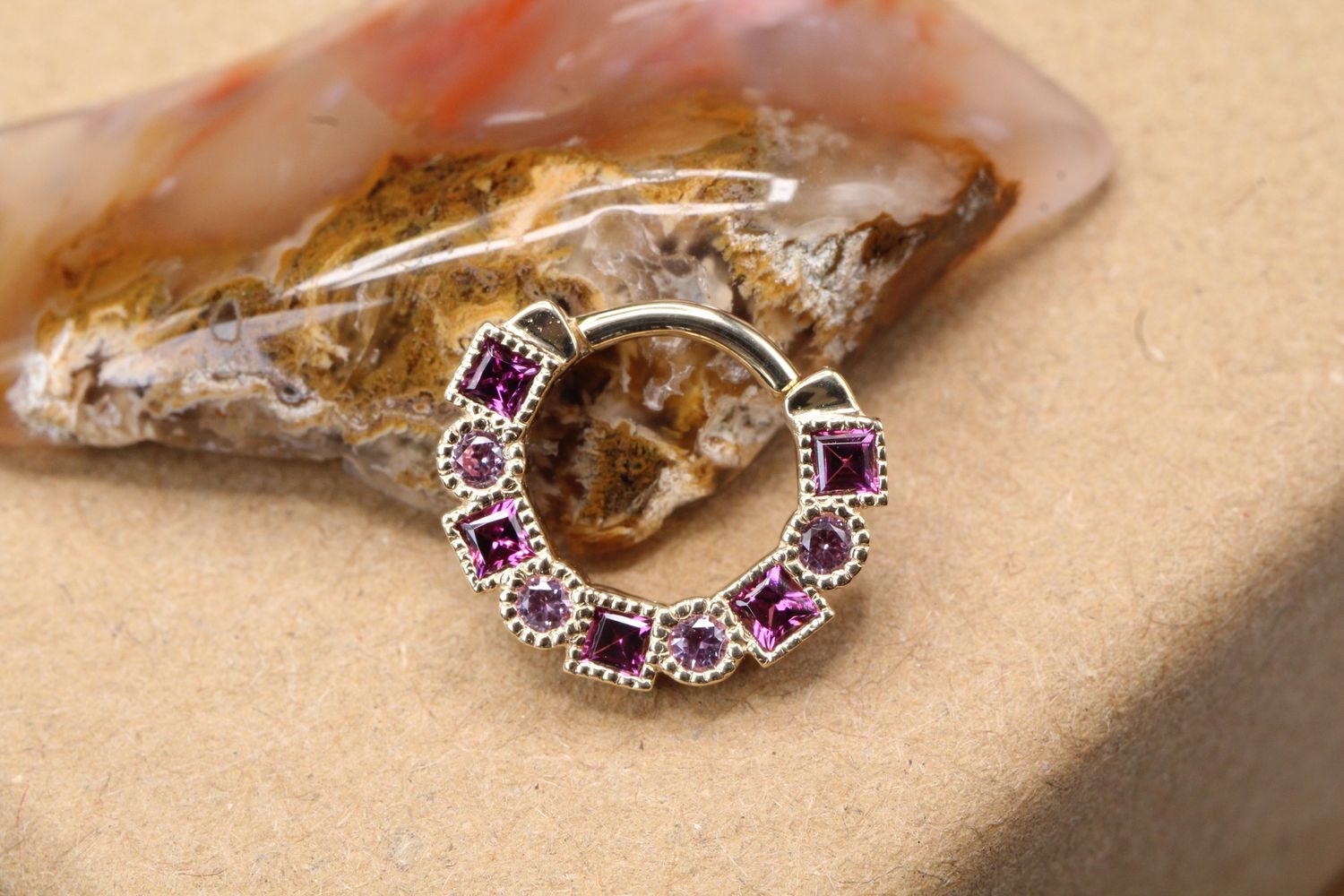 Yellow Gold Talus Hinge Ring, Size: 16ga 5/16&#39;&#39;, Stone: Light Pink Sapphire &amp; Rhodolite