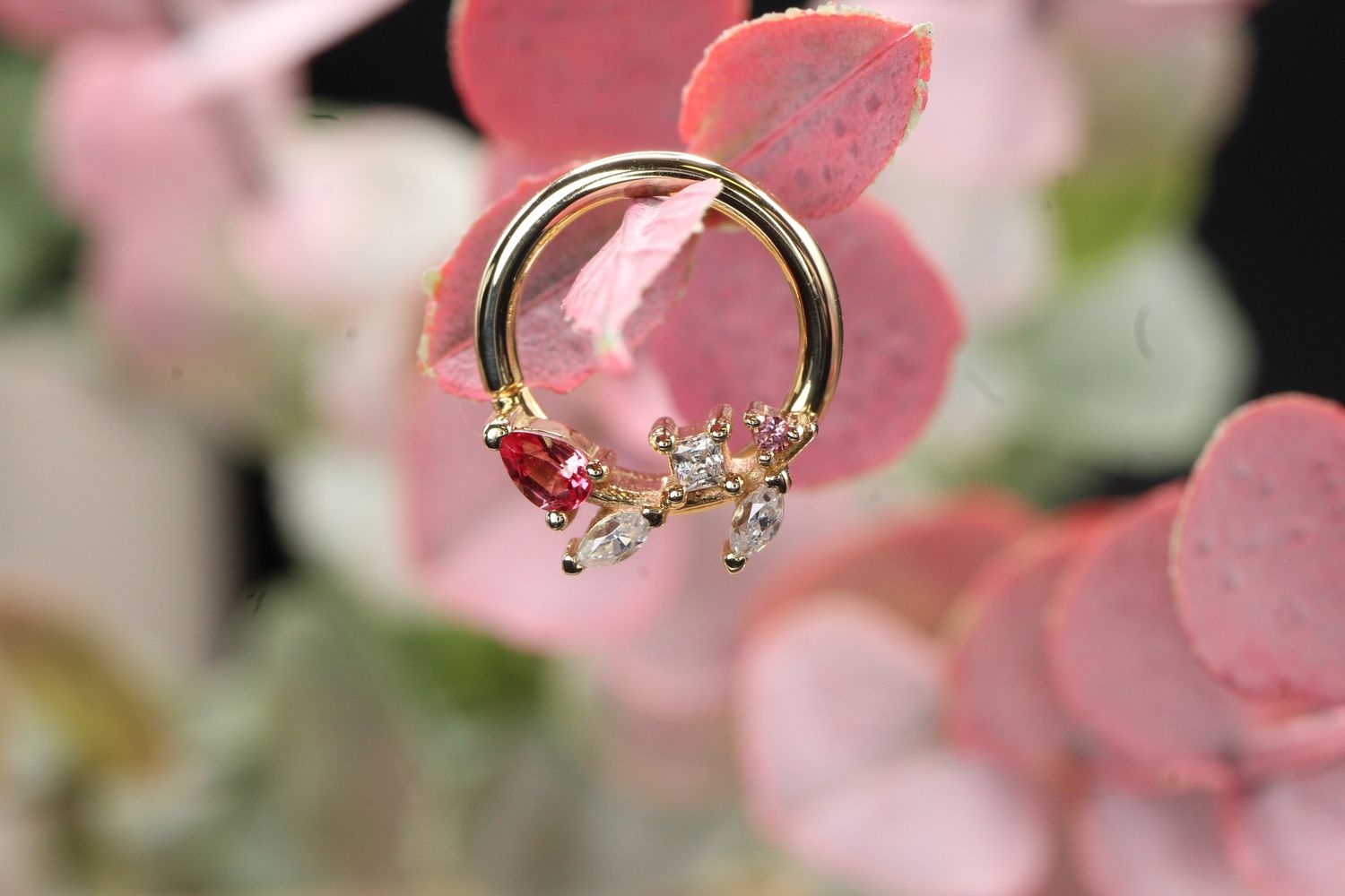 Yellow Gold Tiny Jasmine Seam Ring, Size: 16ga 5/16'', Stone: Chatham Padparadascha Sapphire &amp; White CZ
