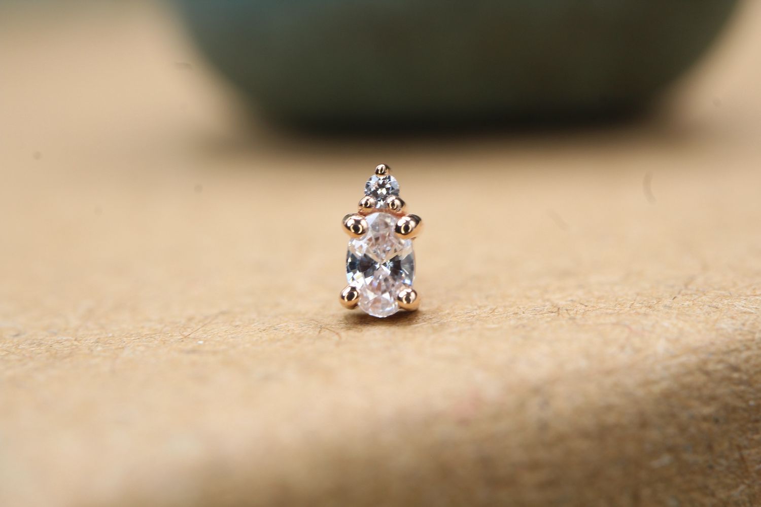 Threadless Rose Gold Oval Prong with Accent Prong Top, Size: 3x2mm w/ 1mm Top, Stone: White CZ