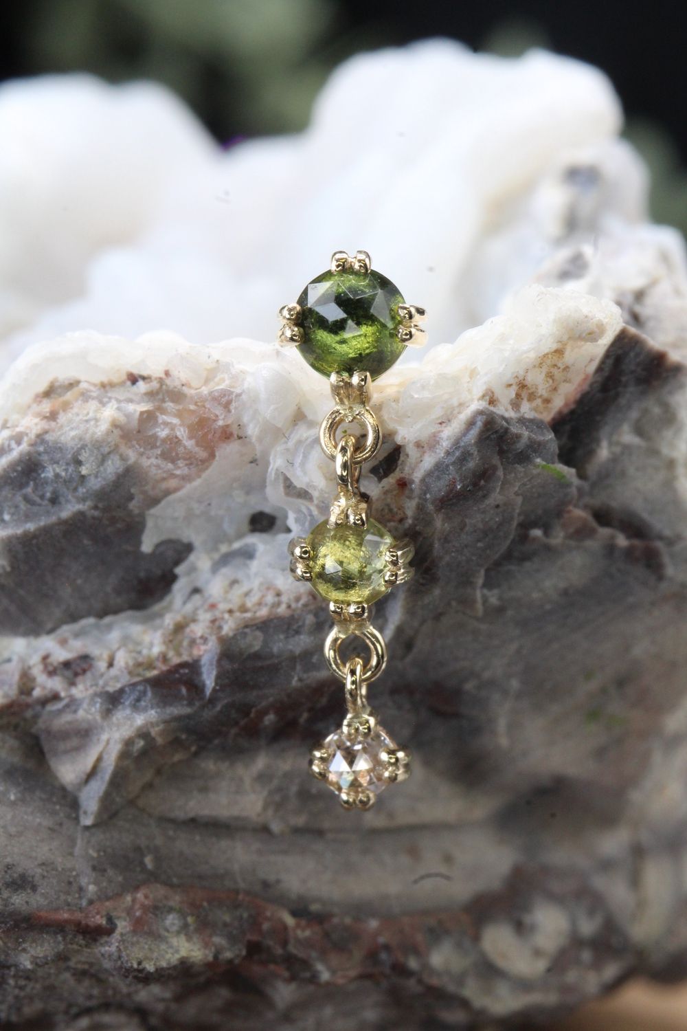 Threaded Yellow Gold Trio Top, Gauge: 18/16ga, Stone: Rose Cut Green Tour, Rose Cut Peridot and Rose Cut VS1 Diamond