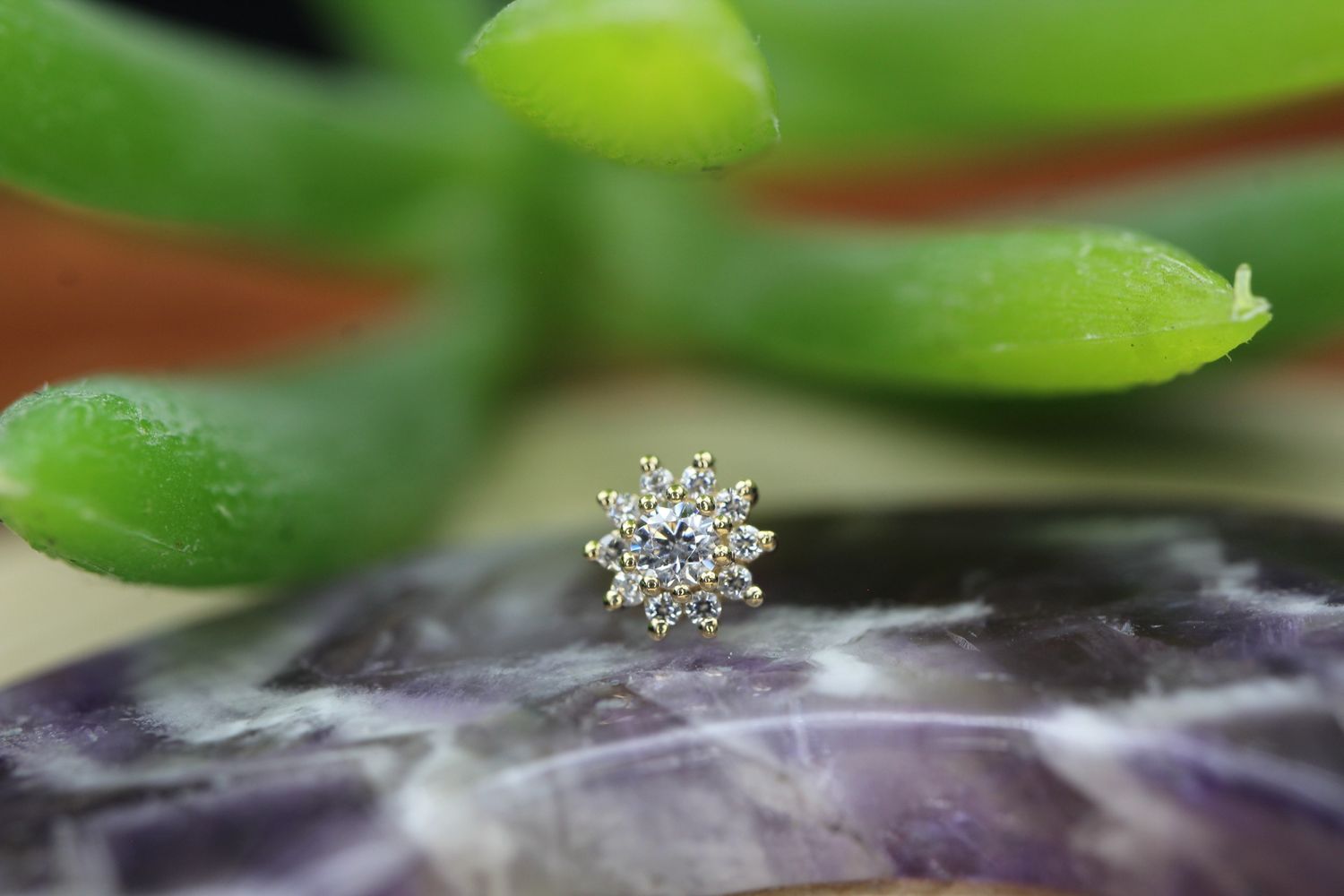 Threadless Yellow Gold Tiniest Rose Top, Stone: White CZ