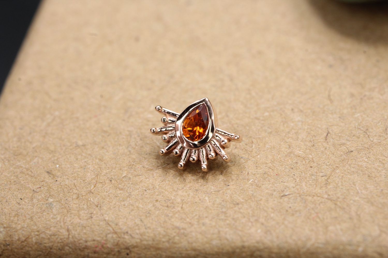 Threaded Rose Gold Pear Borderline Top, Gauge: 18/16ga, Size: Tiny- 3x2mm Pear, Stone: Madeira Citrine
