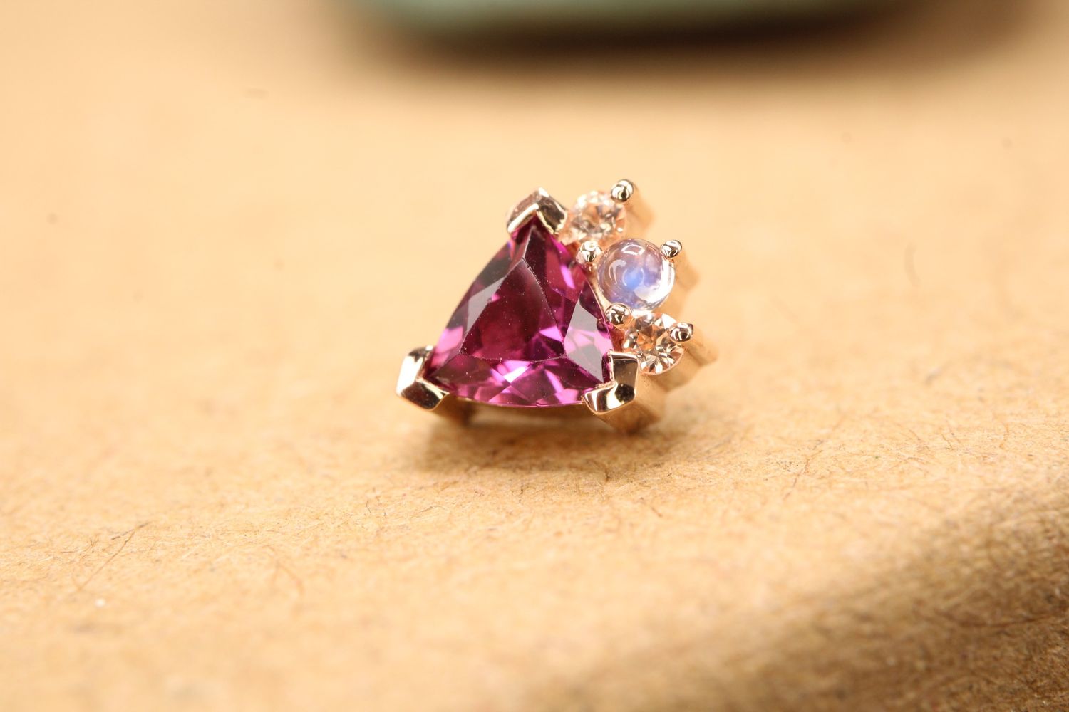 Threaded Rose Gold Micol Top, Gauge: 18/16ga, Stone: Rhodolite, Rainbow Moonstone &amp; Chatham Champagne Sapphire