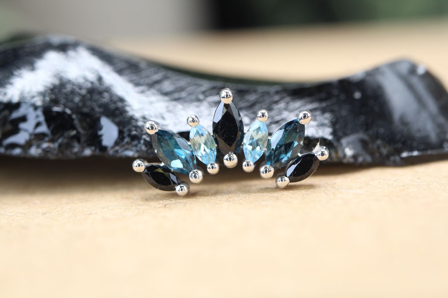 Threaded White Gold Athena Top, Gauge: 14/12ga, Stone: Black CZ, London Blue Topaz &amp; Swiss Blue Topaz