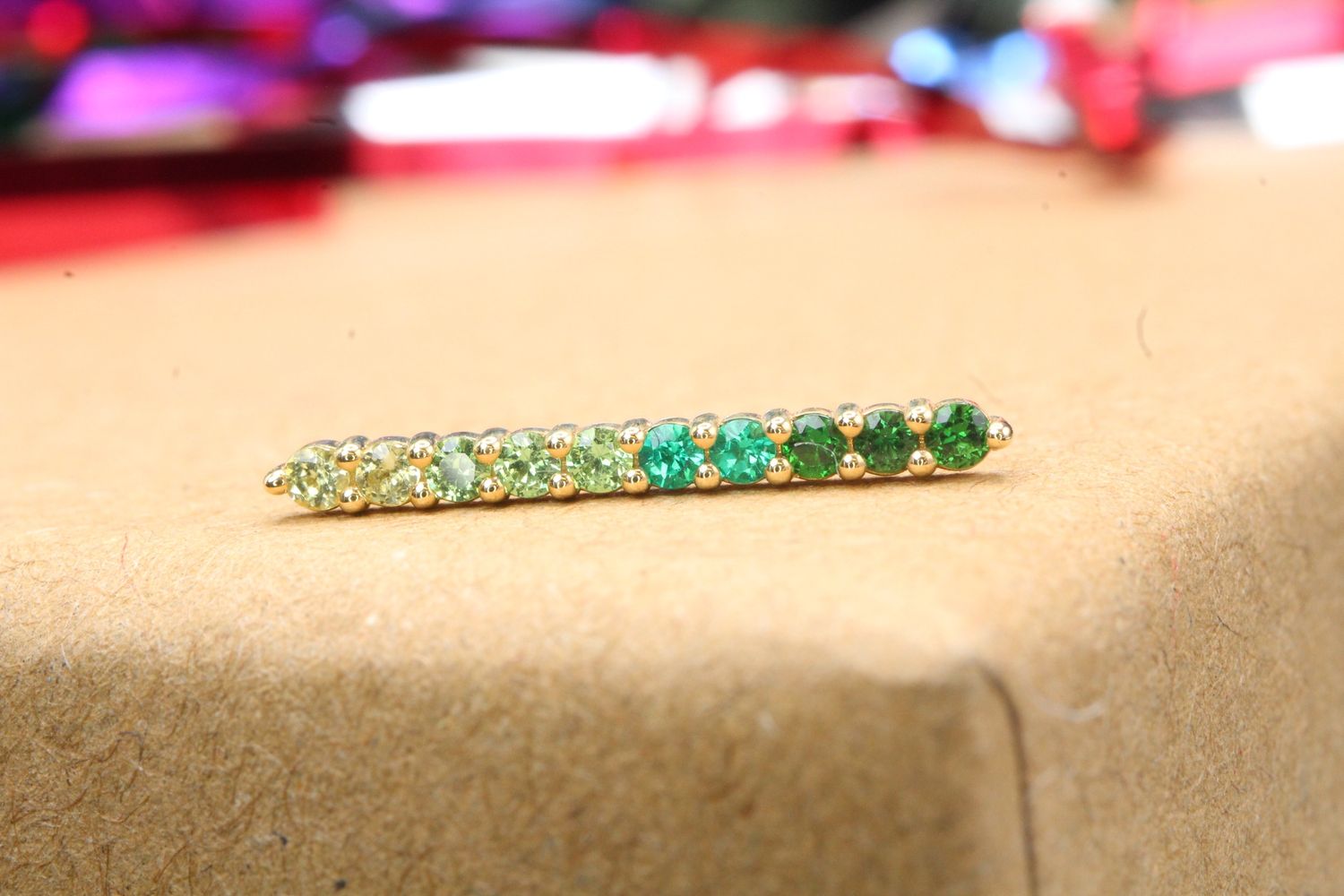 Threaded Yellow Gold Linear 10 Prong Cluster Top, Gauge: 18/16ga, Stone: Tsavorite, Chrome Green Tourmaline &amp; Chatham Emerald