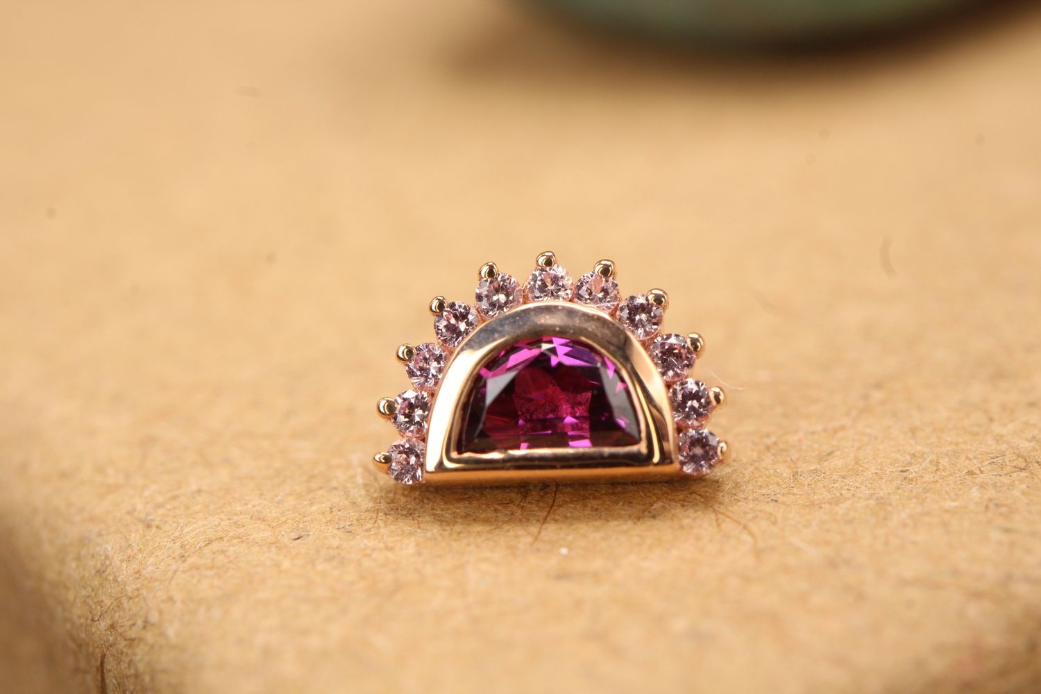 Threaded Rose Gold Triton Top, Gauge: 18/16ga, Stone: Rhodolite &amp; Light Pink Sapphire