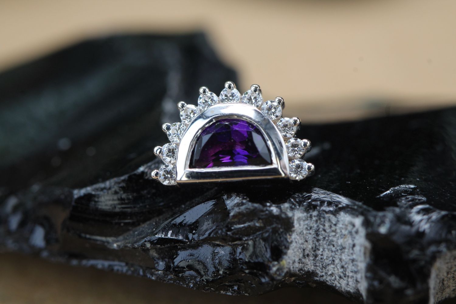 Threaded White Gold Triton Top, Gauge: 18/16ga, Stone: Amethyst &amp; White CZ