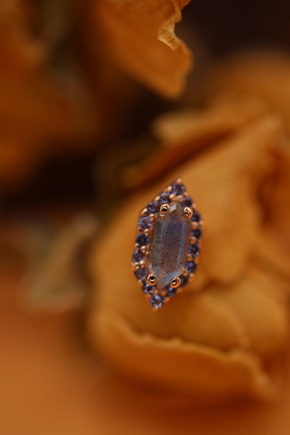 Threaded Rose Gold Deco Altura Top, Gauge: 14/12ga, Gems: Labradorite &amp; Iolite