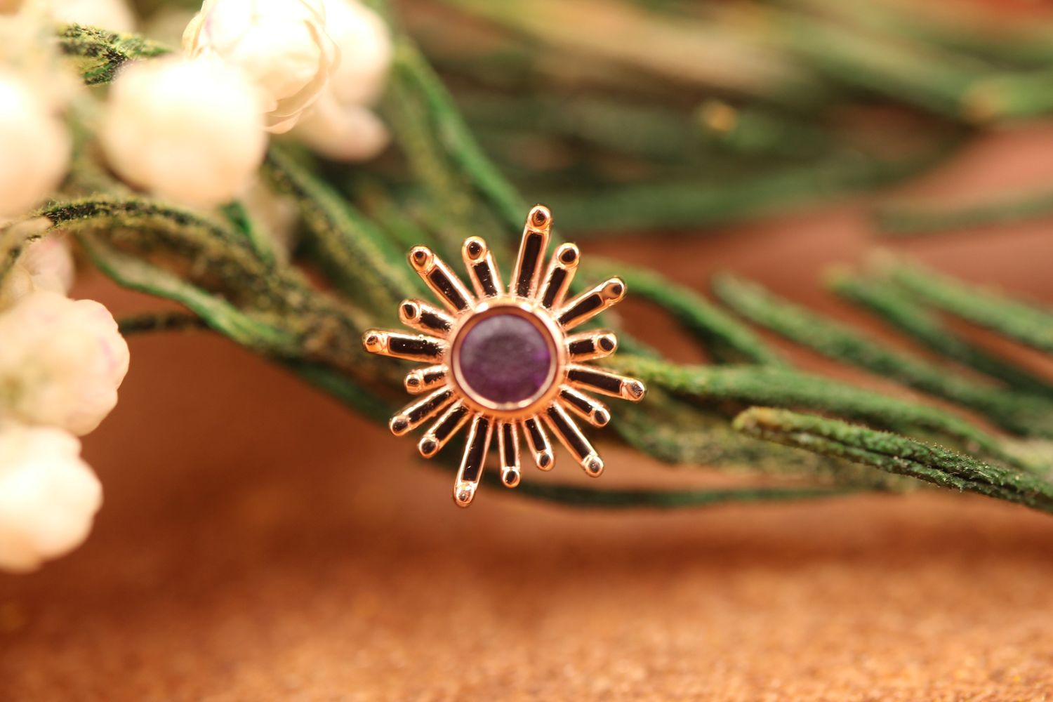 Threadless Rose Gold Large Sunray Top, Stone: Sandblasted AA Amethyst