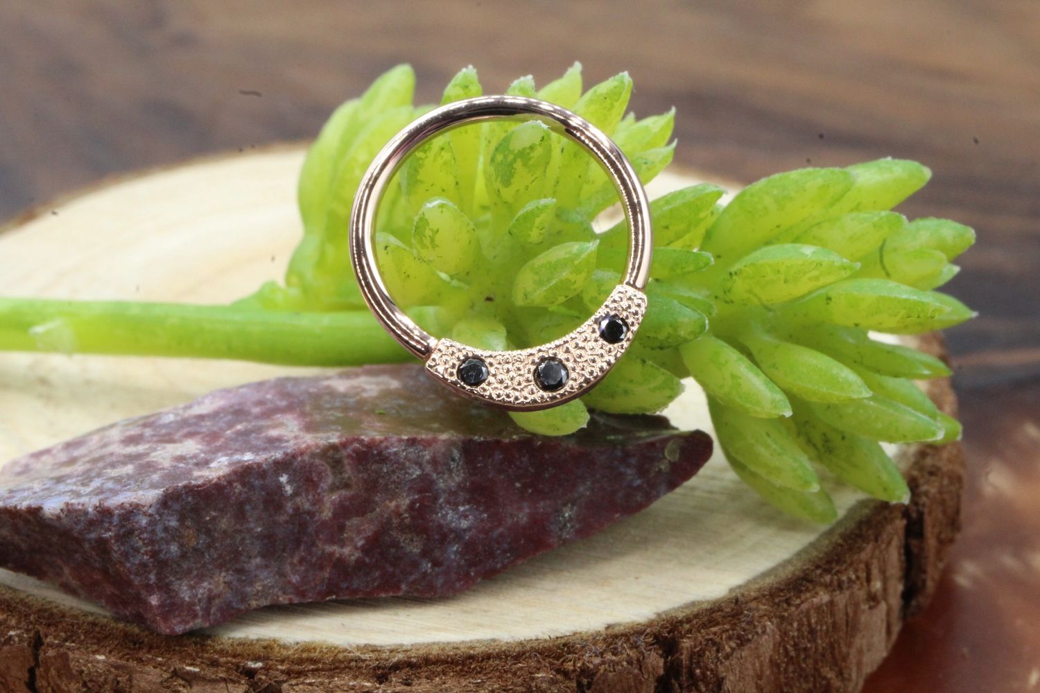 Rose Gold Janna Seam Rings, Size: 16g 7/16", Stone: Black Diamond, Style: XL Pave With Gems