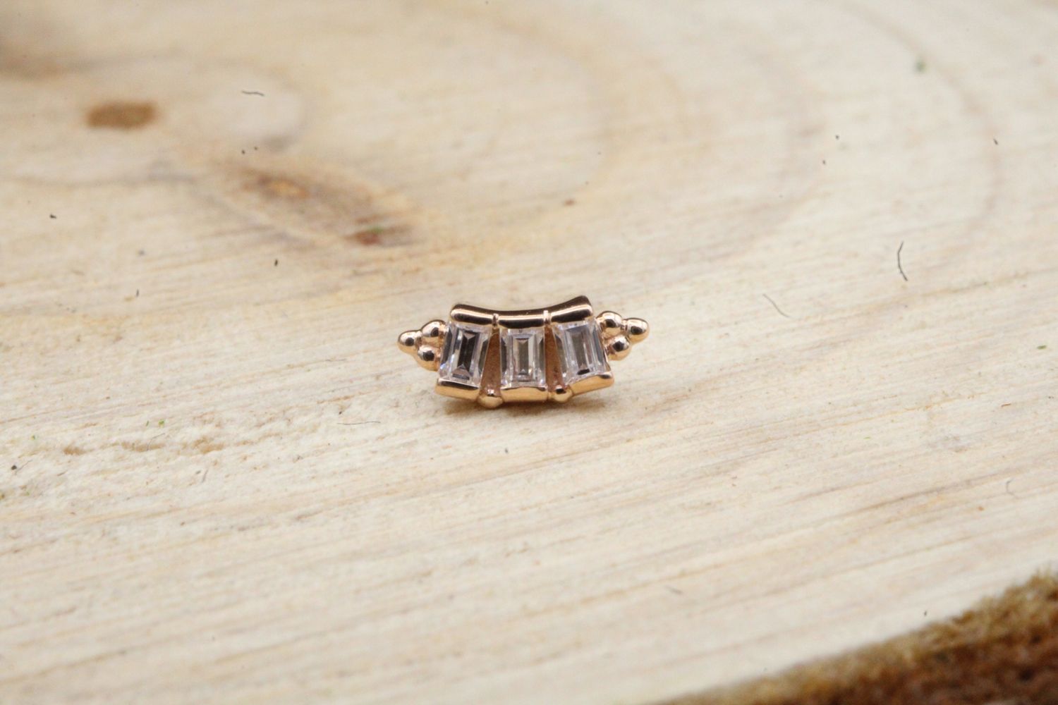 Threaded Rose Gold Tiny Straight Baguette Panaraya End, Gauge: 14/12g, Stone: White CZ