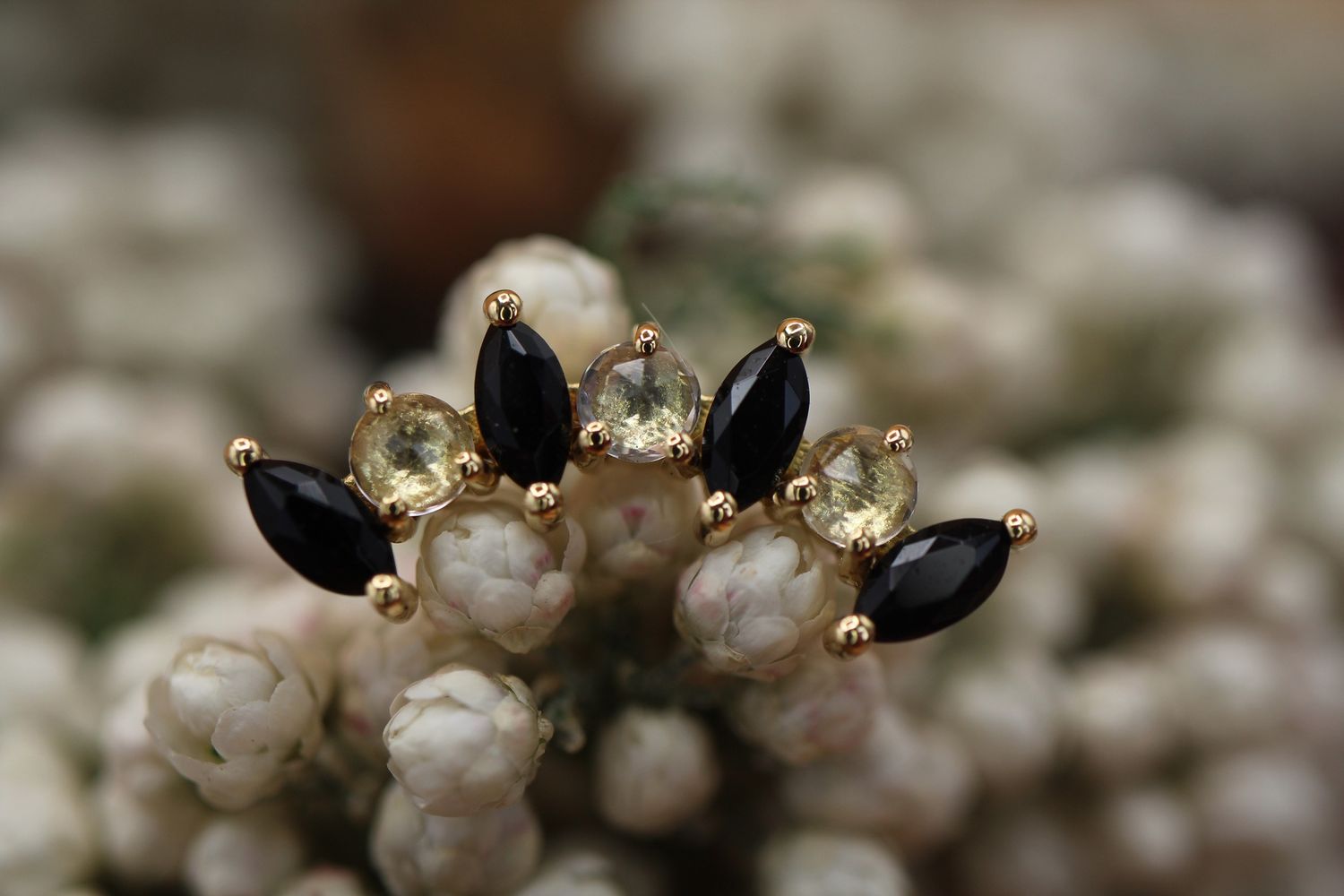 Threaded Yellow Gold 17mm Sara, Gauge: 18/16ga, Stone: Onyx &amp; Rose Cut White Sapphire