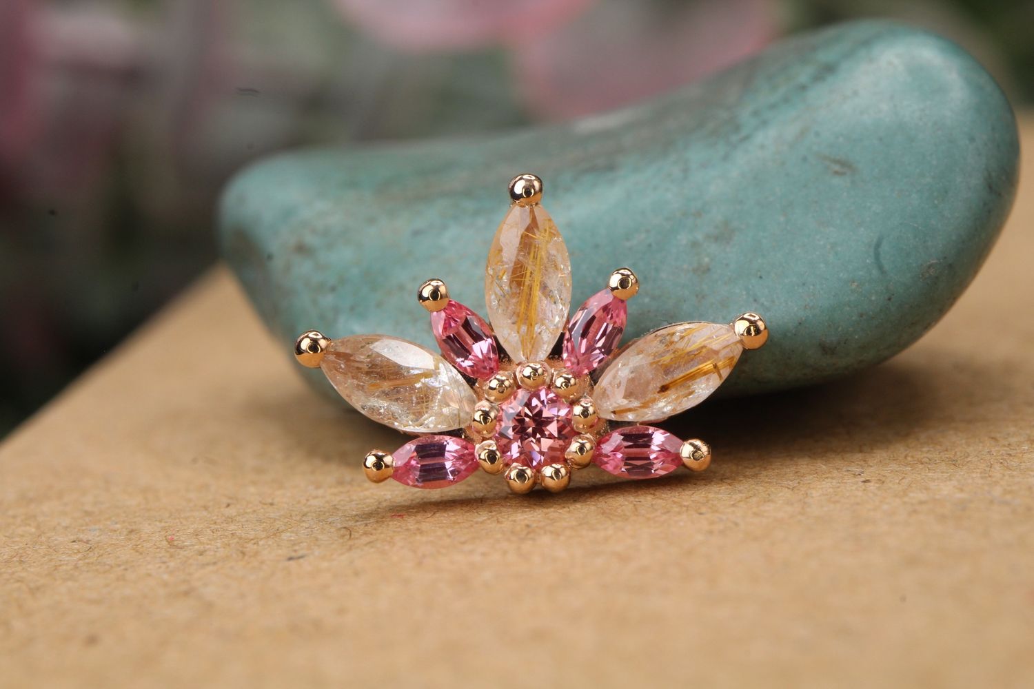 Threaded Rose Gold Starling Top, Gauge: 14/12ga, Size: Standard- 14mm, Stone: Rutilated Quartz &amp; Chatham Padparadscha Sapphire