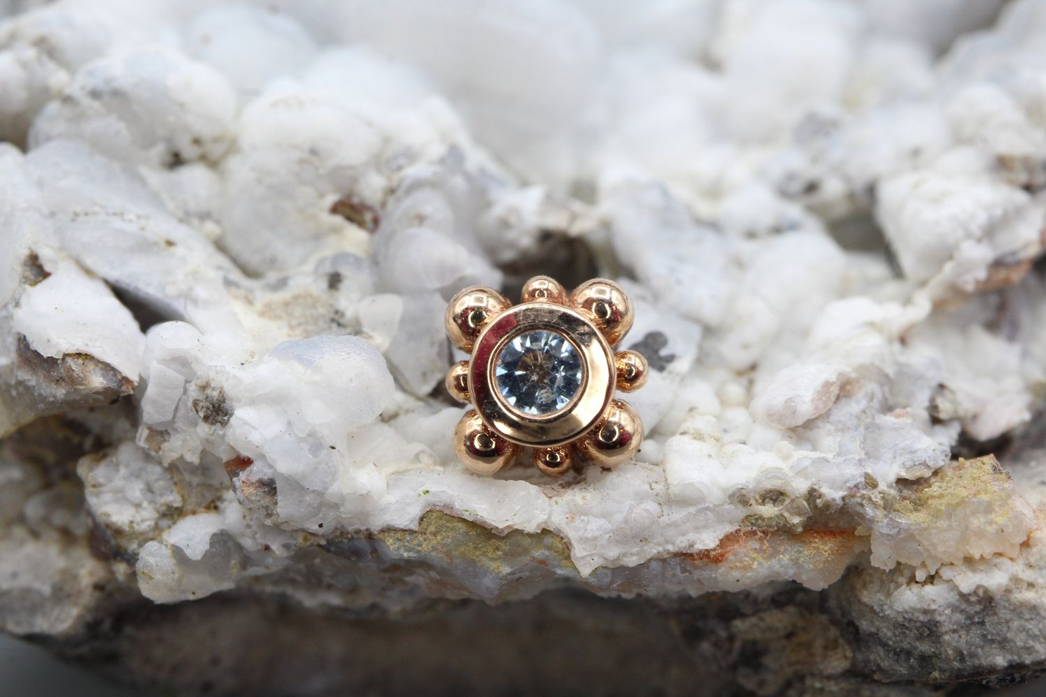 Threadless Rose Gold Bezel with 8 Beads Top, Stone: Aquamarine