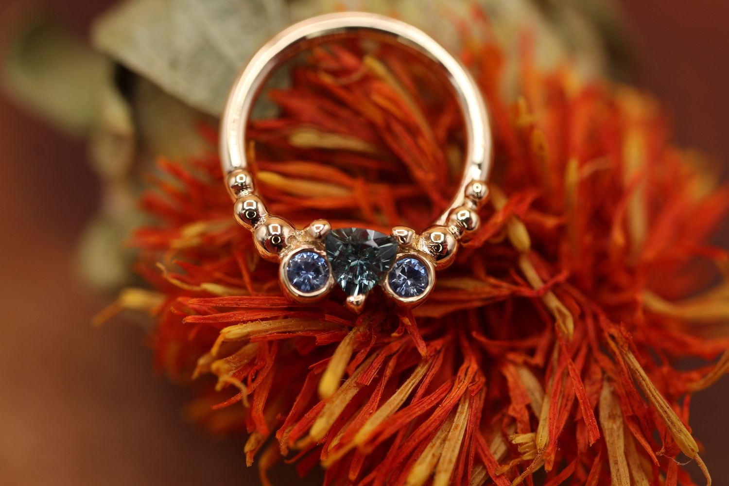 Yellow Gold Kalisi Seam Ring, Gauge: 16ga, Size: 3/8'', Stone: Grey Sapphire Trillion &amp; Polar Sapphire Rounds