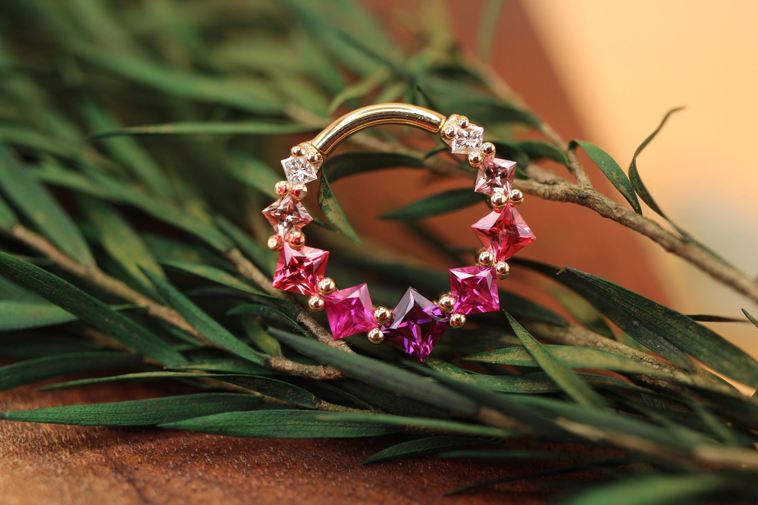 Yellow Gold Graduating Tiffany Hinge Ring, Diameter: 11/32'', Gauge: 16ga, Stone: AA Rhodolite, Hot Pink Sapphire, Padparadscha Sapphire, Champagne Sapphire, &amp;VS1 White Diamond