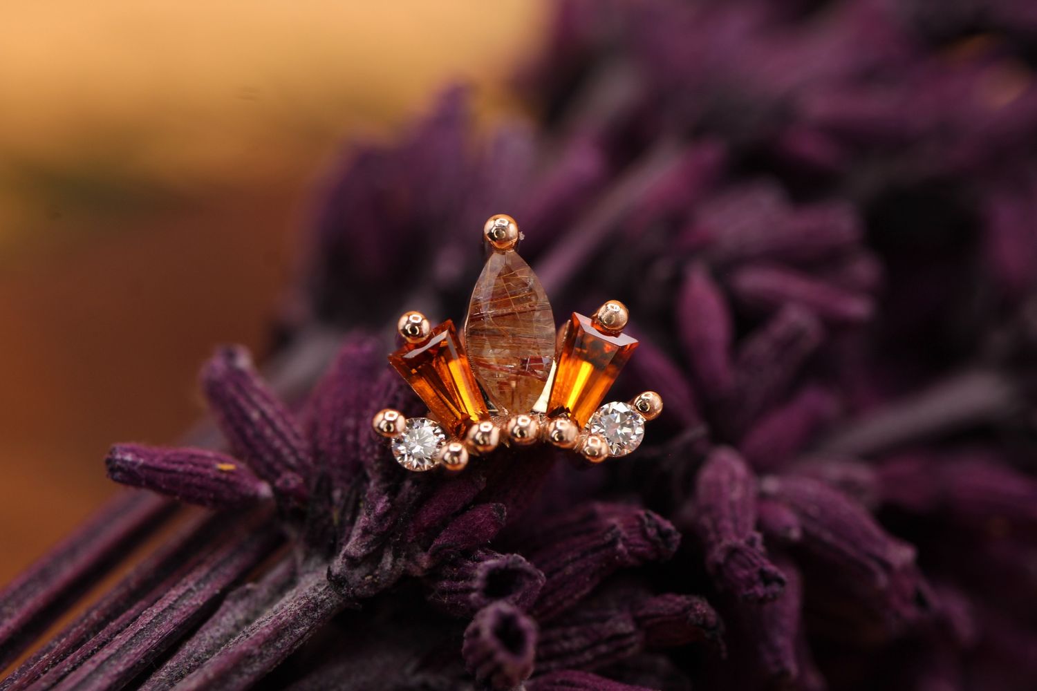 Threaded Rose Gold Mini La Princesa Top, Gauge: 18/16ga, Stone: Faceted Copper Rutilated Quartz, Madeira Citrine, &amp; VS1 White Diamond