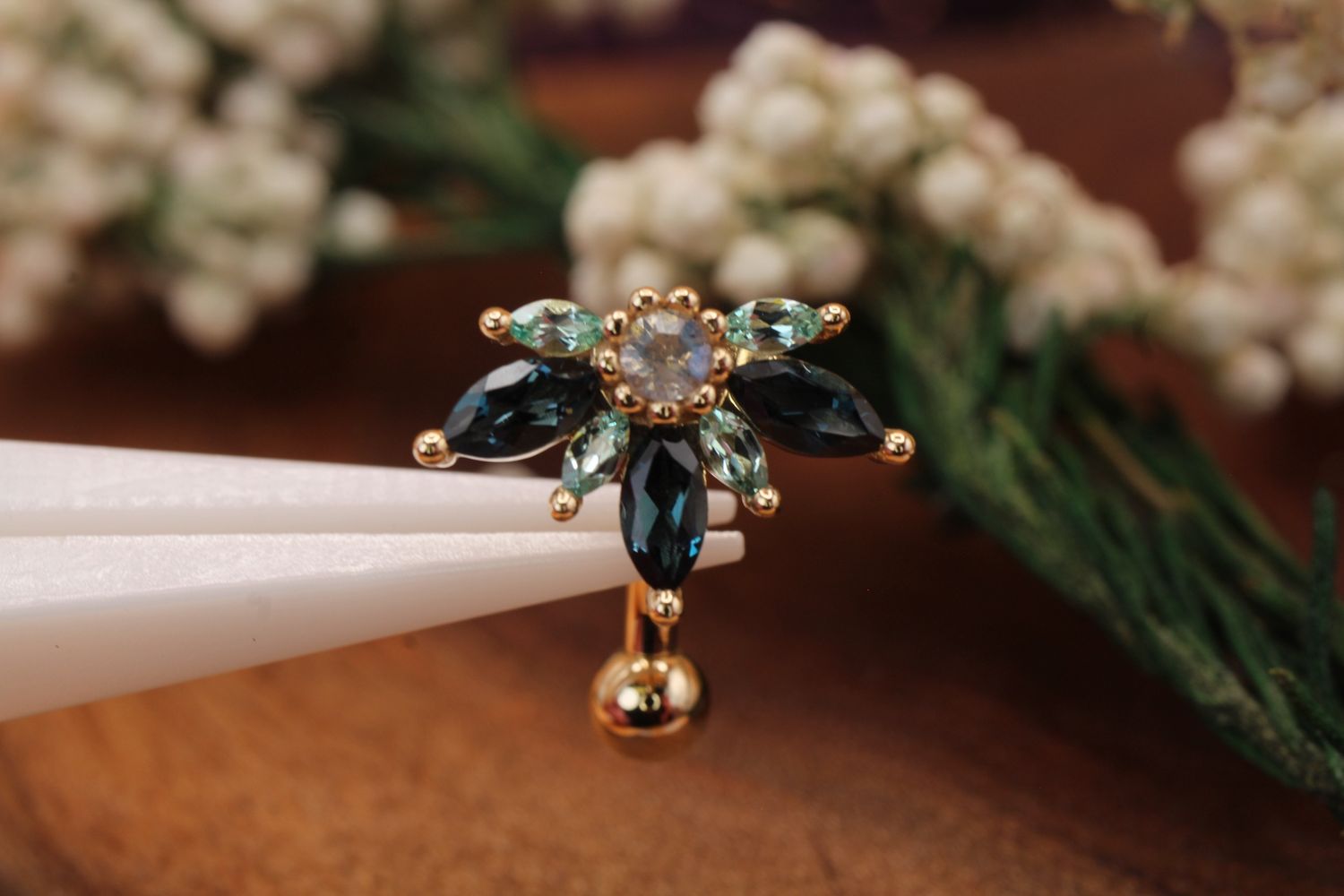 Threaded Yellow Gold Large Starling Curved Barbell, Size: 14ga 5/16'', Stone: Faceted Labradorite, London Blue Topaz, &amp; Chatham Chrysoberyl