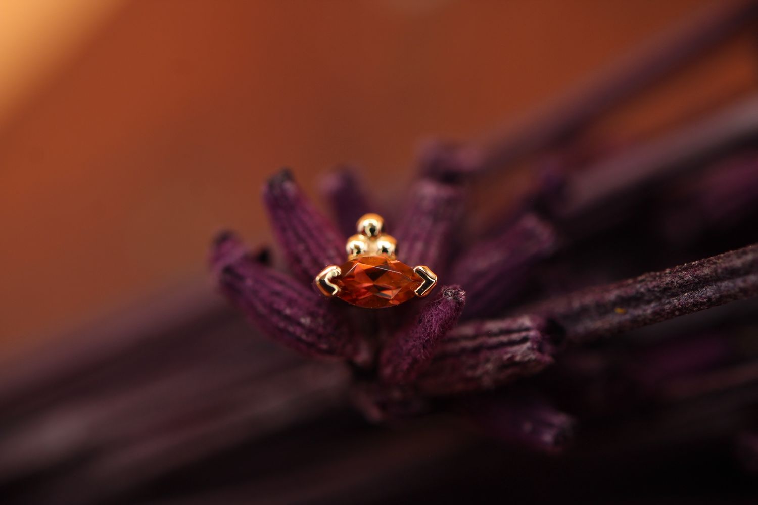 Threadless Yellow Gold V Prong Marquise with Tri-Bead Accent Top, Stone: Anastasia Topaz