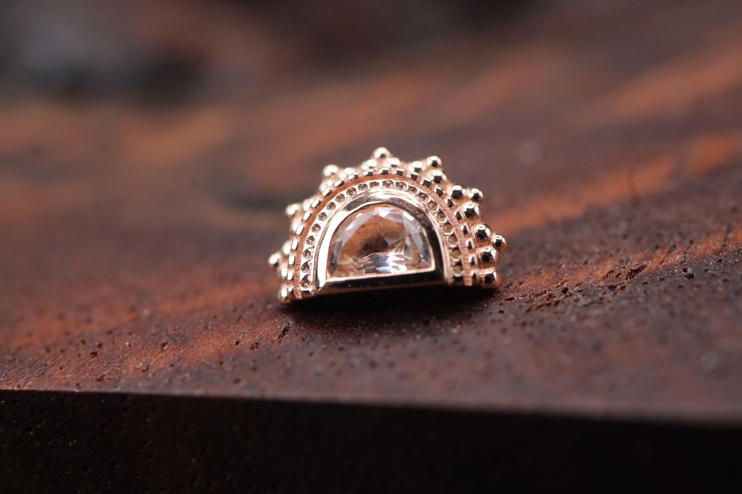 Threaded Rose Gold Afghan Moon Top, Gauge: 18/16ga, Stone: Crystal Quartz