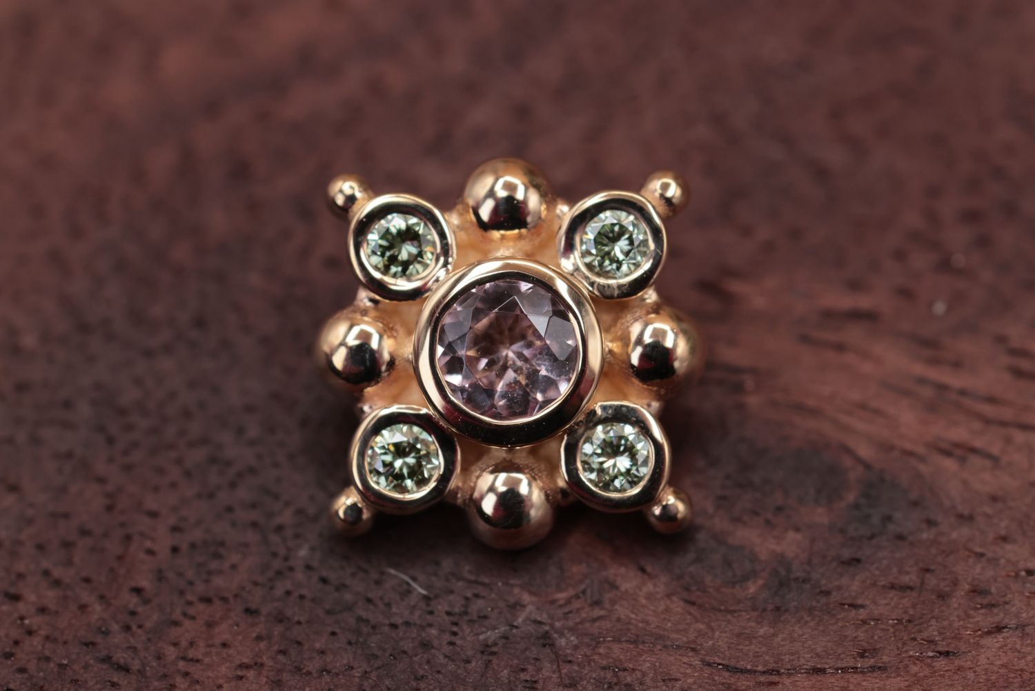 Threaded Yellow Gold Orion Top, Gauge: 14/12ga, Stone: Pine Green Diamond (IR) &amp; Morganite