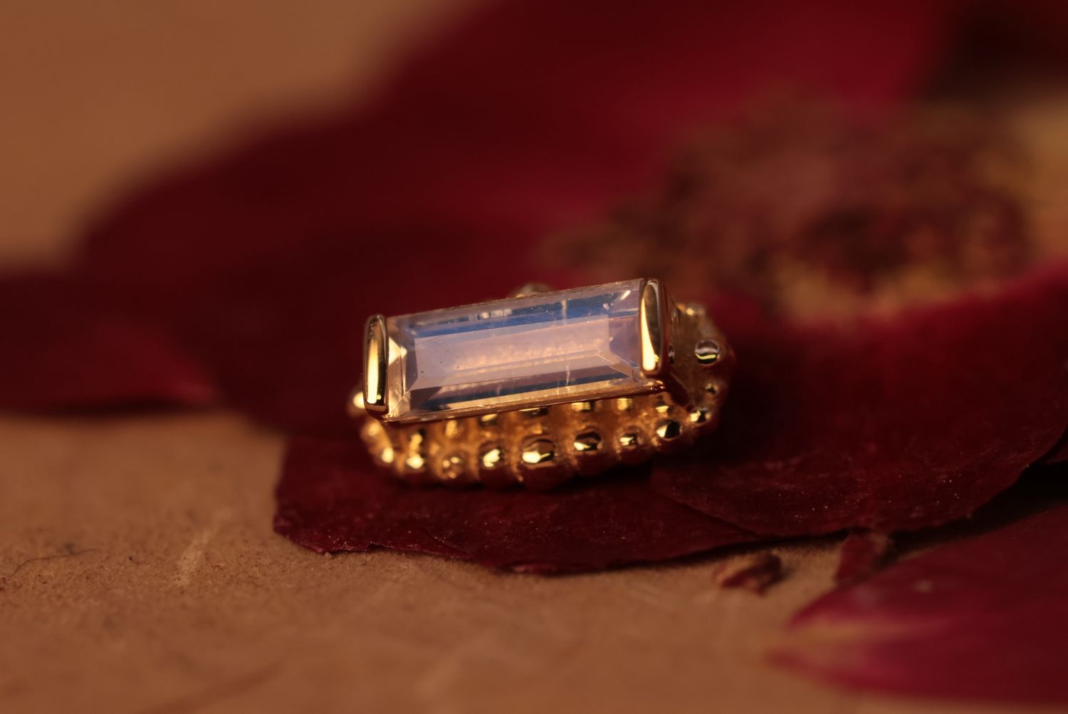 Threaded Yellow Gold Beaded Baguette, Gauge: 18/16ga, Stone: Faceted Rainbow Moonstone