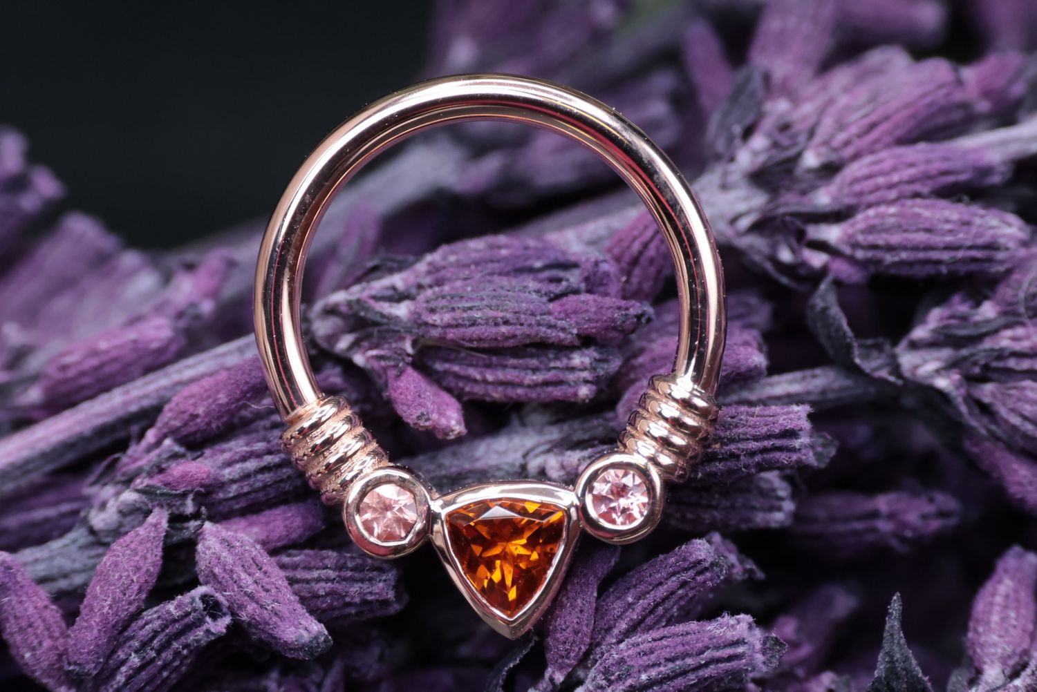 Rose Gold Trillion Faraway Seam Ring, Size: 16ga 3/8", Stone: Madeira Citrine &amp; Chatham Padparadscha Sapphire
