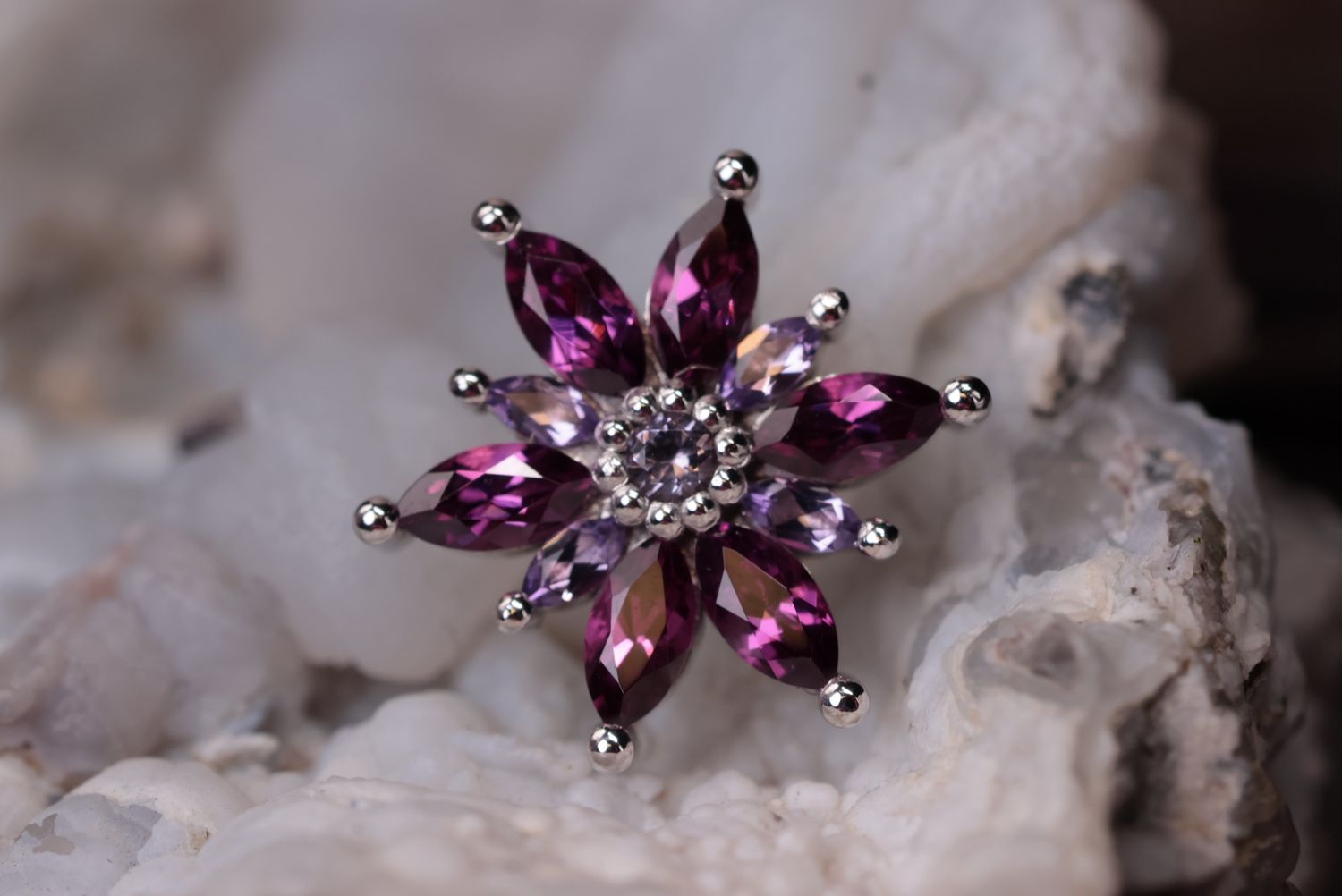 Threaded White Gold Starla Top, Gauge: 18/16ga, Stone: Rhodolite, Light Amethyst, &amp; Amethyst (AA)