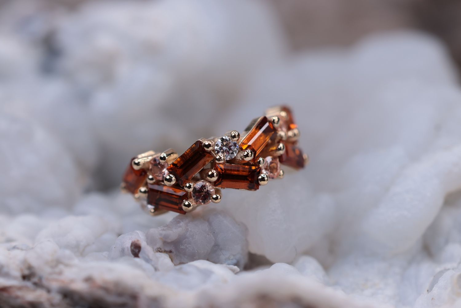 Yellow Gold Aubrilynn Hinge Ring, Size: 16ga 11/32", Stone: Madeira Citrine, Chapagne Sapphire (CH), and White Diamond (VS1)