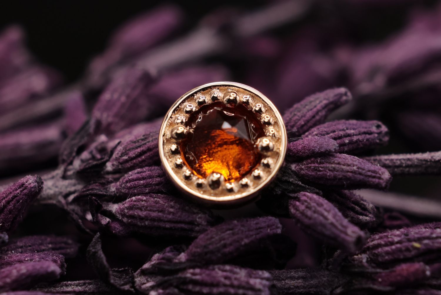 Threaded Yellow Gold Millgrain Prong Top, Gauge: 18/16ga, Stone: Rose Cut Madeira Citrine