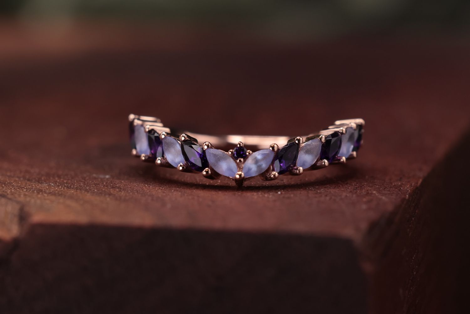 Rose Gold Carmel Hinge Ring, Size: 16ga 1/2", Stone: Amethyst, Tanzanite (AA), and Sandblasted Tanzanite (AA)