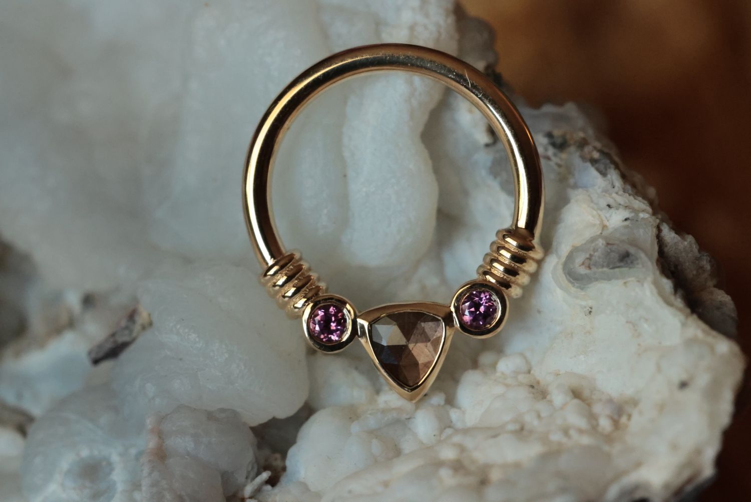 Yellow Gold Trillion Faraway Seam Ring, Size: 16ga 3/8", Stone: Zawadi Sapphire &amp; Rhodolite (AA)