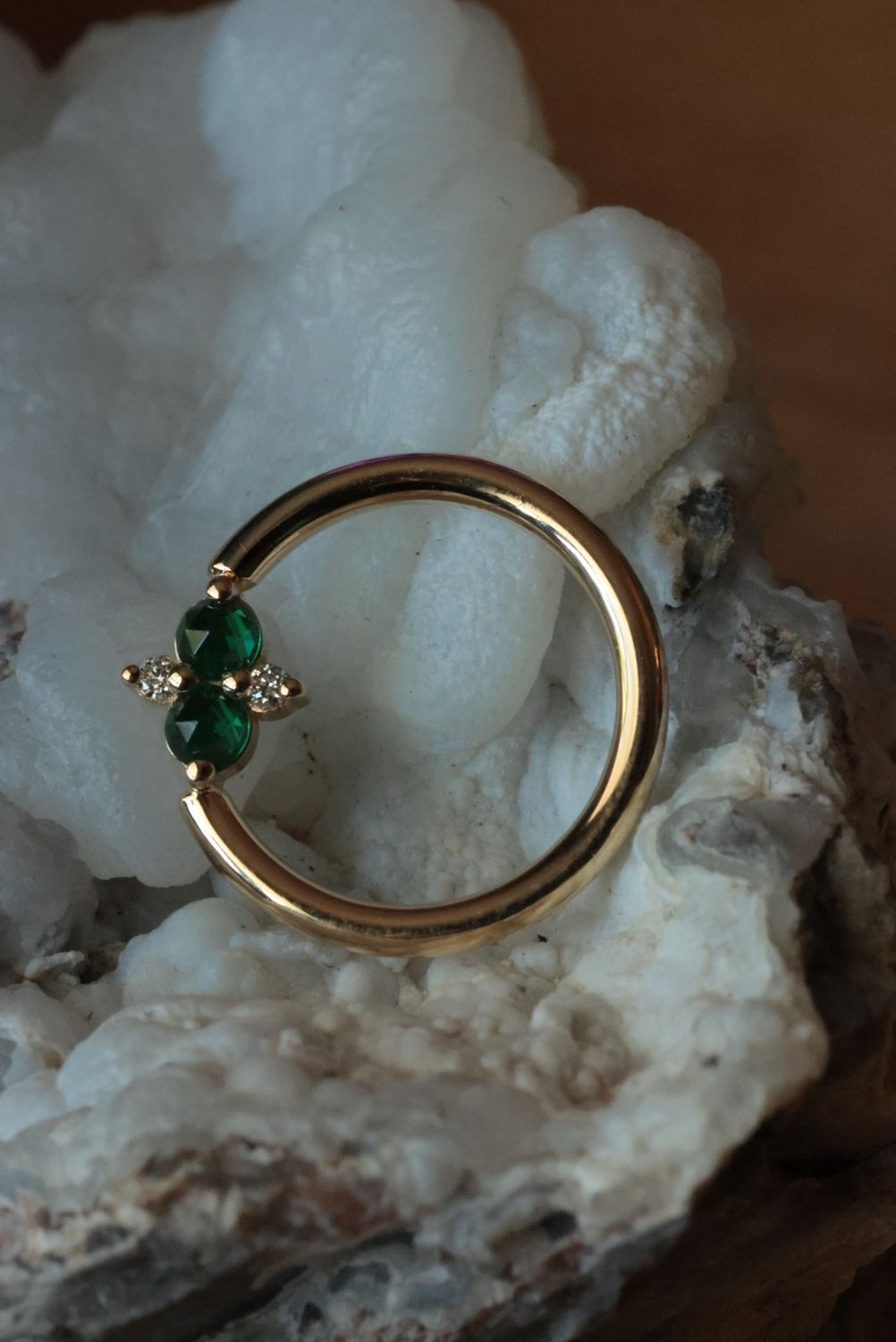 Yellow Gold Quad Prong Cluster Seam Ring, Size: 16ga 3/8", Stone: Emerald (CH) &amp; White Diamond (VS1)