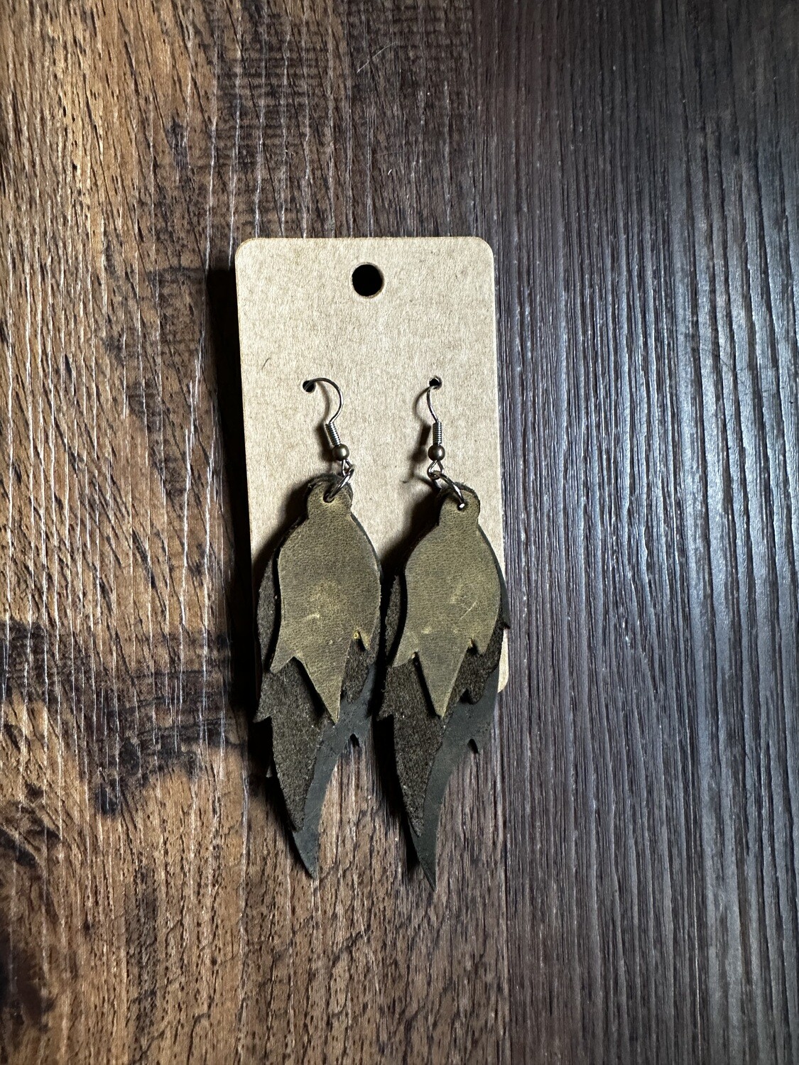 Green Leather Feather Earrings
