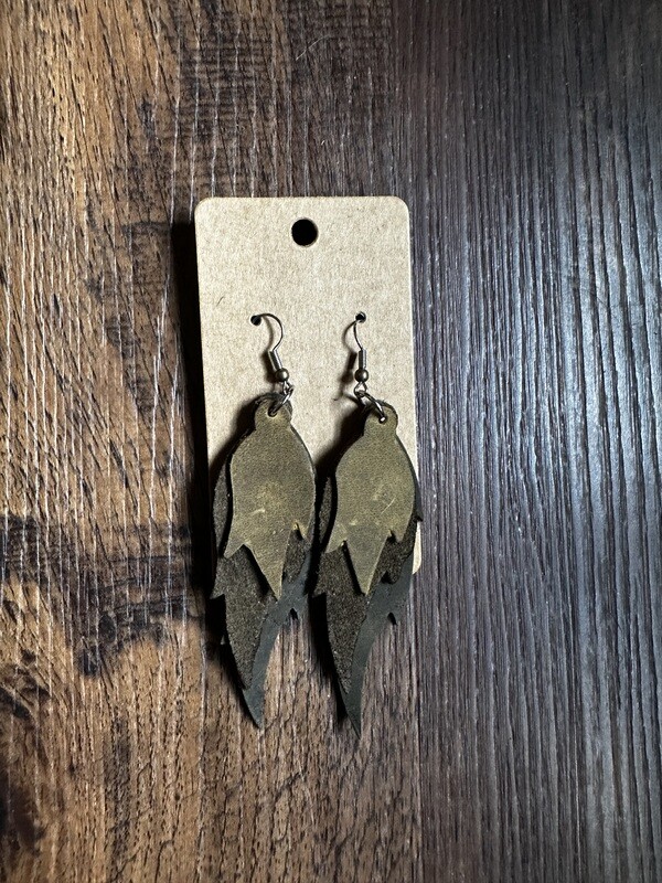 Green Leather Feather Earrings