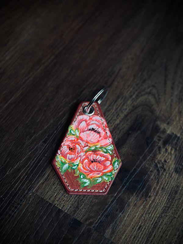 Hand Painted Leather  Floral KeyChain