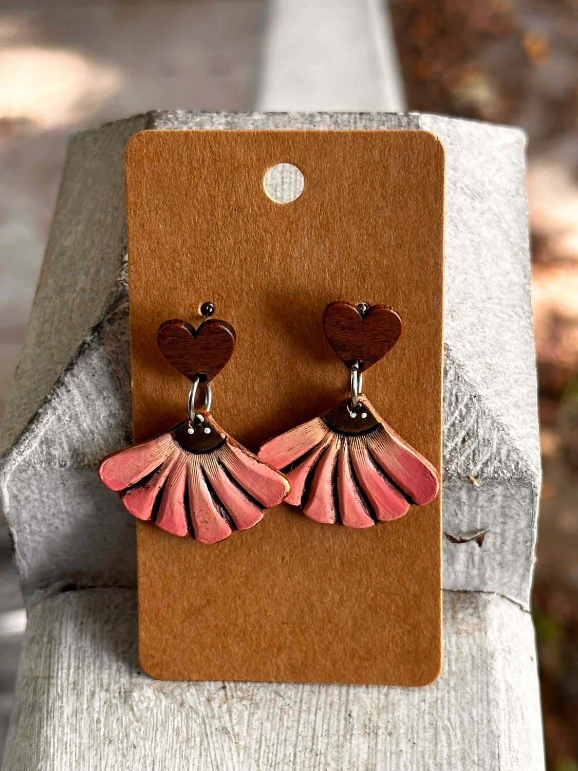 Leather Earrings/Heart Wood Post